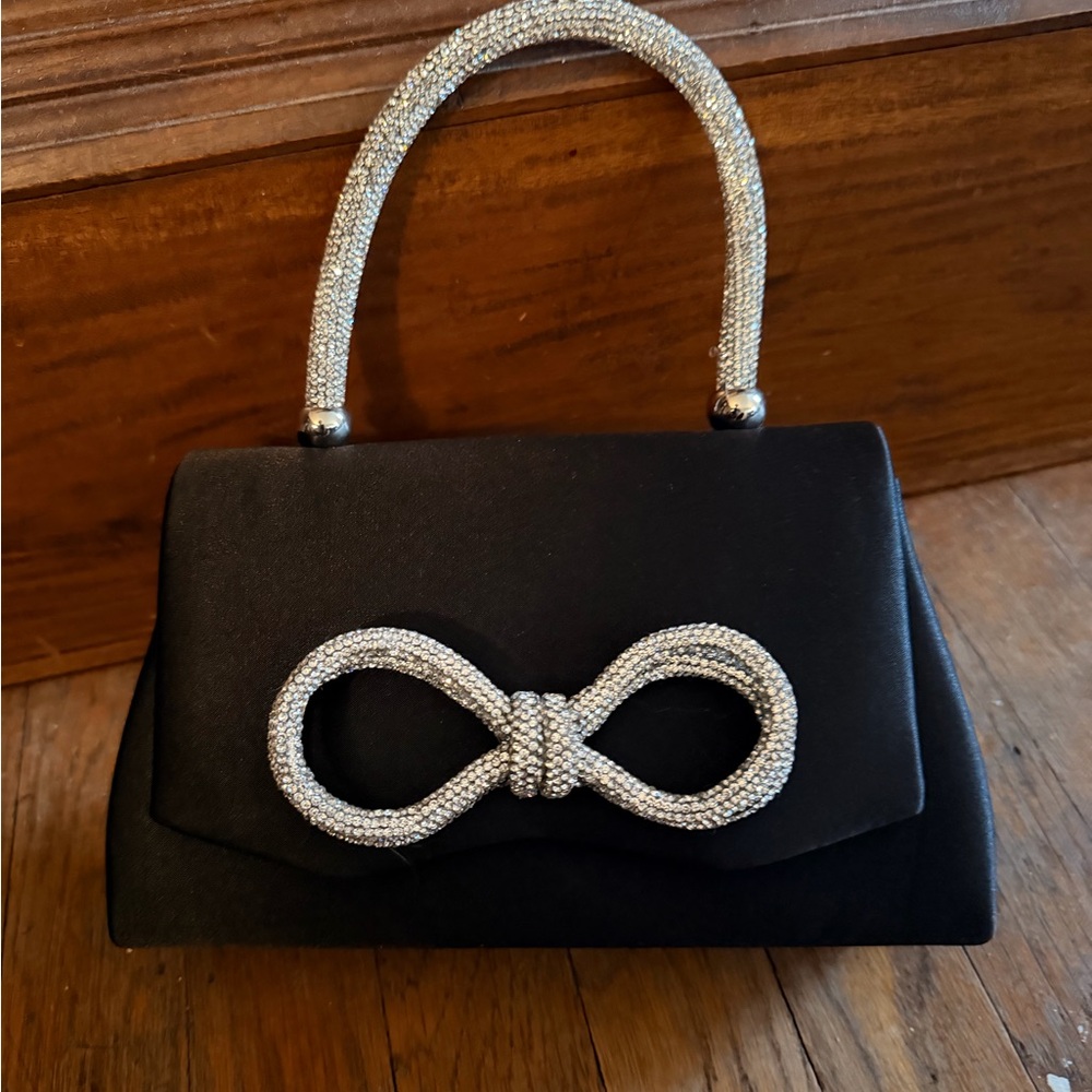 Elegant Black Clutch with Silver Bow Accents